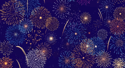 Fototapeta premium Vibrant fireworks explode across a deep blue night sky, creating a dazzling spectacle of light and color for celebrations and events.
