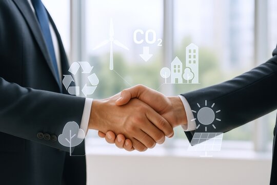 Sustainable Business Partnership Handshake with Ecology Icons Illustrating Environmental Commitment and Eco-Friendly Collaboration for Global Conservation