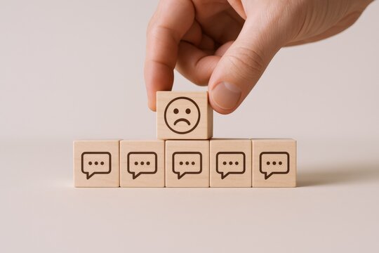 Negative Feedback Representation: Hand Placing Sad Face Block Atop Communication Bubbles, Symbolizing Customer Dissatisfaction - Powered by Adobe