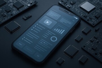 Smartphone Displaying UI with Electronics Components, Representing Tech Integration and Innovation