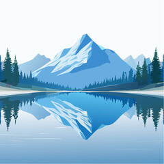 Tranquil mountain landscape scene with reflective water and geometric design