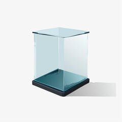 Transparent glass cube display case on dark base against white background