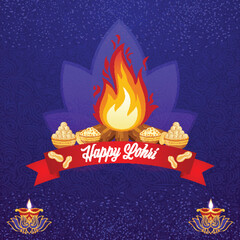 Colorful Happy Lohri festival design featuring a central bonfire, bowls of traditional sweets like popcorn and gajak and elegant Diya lamps set in lotus motifs.