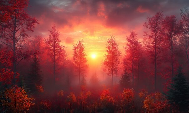 Dramatic sunset through a mystical forest with vibrant red foliage and haze