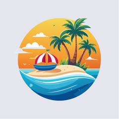 Tropical island paradise palm trees boat and ocean illustration