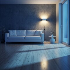 Serene minimalist living room interior at night with ambient lighting.