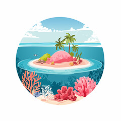 Tropical island paradise illustration with palm trees and coral reef
