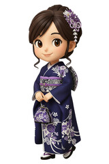 巾着を持って歩く紫の振袖姿の3Dちびキャラの女性