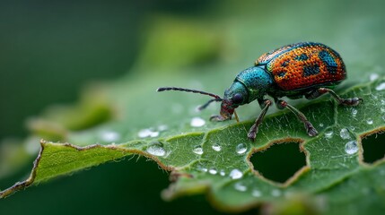 Fototapeta premium Vibrant metallic beetle crawling on green leaf with water droplets showcasing intricate patterns and colors in a close-up macro photography style