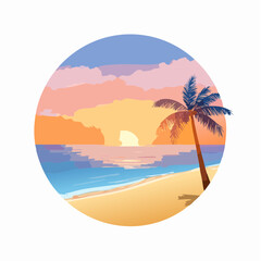 Tropical sunset beach scene with palm tree and ocean illustration