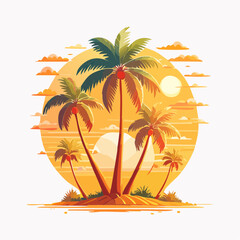 Tropical sunset scene with palm trees and sun illustration for vacation concept