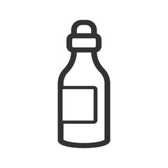 A monochrome illustration of a bottle with a rectangular label It has a rounded cap with a handle
