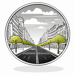 Urban street scene illustration buildings and road in a circular frame