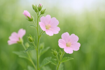 Obraz premium Delicate Pink Flowers Blooming in a Lush Green Field, Captured in Stunning Detail, Perfect for Springtime Projects
