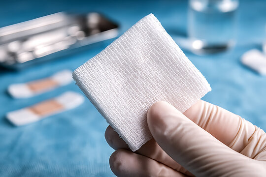 Close-up of a gloved hand holding a sterile gauze pad in a medical setting. The textured white fabric and surgical instruments in the background emphasize hygiene and precision.