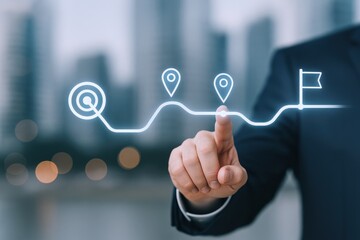 Fototapeta premium Business Strategy Roadmap: Man Touching Digital Interface Showing Goals, Milestones, and Success in Blurred Cityscape