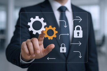 Businessman Visualizing Process Security with Interactive Digital Interface, Implementing Protective Measures and System Automation
