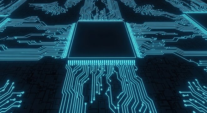 Advanced Microchip Processor and Glowing Digital Circuitry Futuristic Technology AI and Big Data Conceptual Background