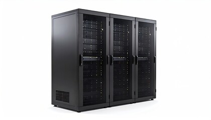 Modern Black Server Rack Unit with Glass Doors for Data Center.