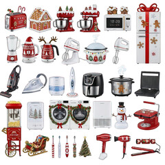 Christmas themed kitchen and home appliances display on transparent background