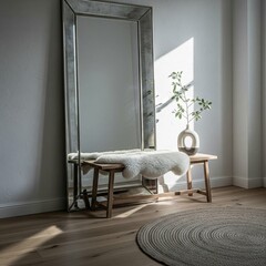 Serene sunlit room with a large floor mirror and wooden bench.