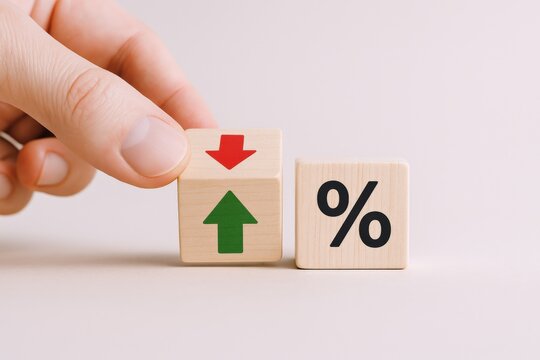 Interest Rate Fluctuation Concept: Hand Adjusting Wooden Blocks with Arrows Representing Rising and Falling Percentage
