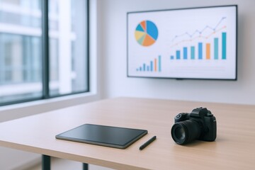 Workspace setup with camera, tablet, and data chart display for creative professionals and business presentation