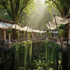 Serene wooden bridge walkway through a lush tropical jungle resort at sunrise.