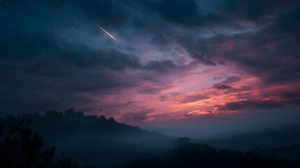Fototapeta premium A shooting star streaks across a vibrant twilight sky filled with colorful clouds and mist over a silhouetted landscape