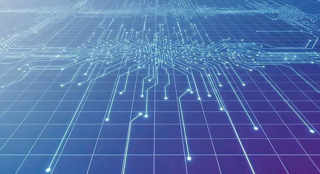 Futuristic Digital Technology Background with Glowing Circuit Board Connections and Data Network Grid