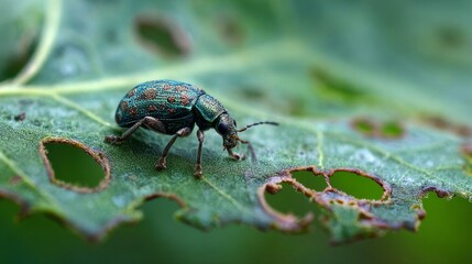 Fototapeta premium Detailed Close-Up of a Colorful Beetle on a Leaf, Highlighting Nature's Intricate Textures and Natural Habitat for Educational and Artistic Use