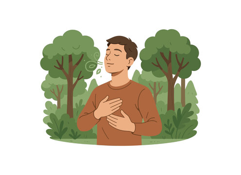 forest breathing practice mindful inhalation of phytoncides and natural scents flat vector illustration style isolated on white background