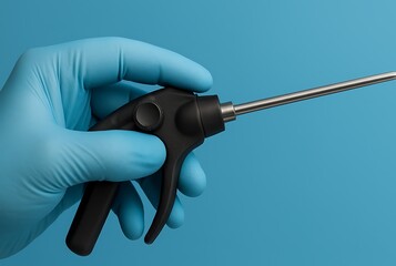 Close-up illustration of a hand in blue medical gloves holding a minimally invasive surgical tool with a long metallic probe, showcasing precision