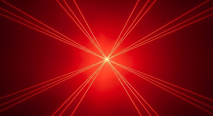 Fototapeta premium Intense red laser light beams radiating from a central starburst flare, creating a dynamic abstract background for technology concepts