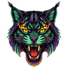 Colorful vector illustration of a bobcat head with open mouth and visible fangs, stylized with flame-like details around the eyes.
