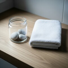 Simple still life of a white towel and stones in a glass jar on a wooden shelf.