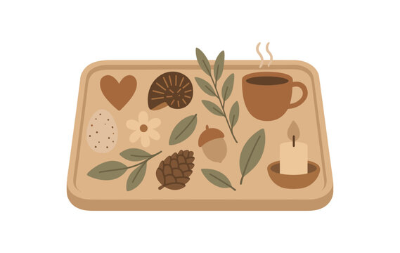 tray of natural treasures small joys and mindful moments no outline flat vector illustration style isolated on white background muted warm palette