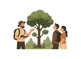 guided tree identification walk building deeper connection and ecological awareness flat vector illustration style isolated on white background