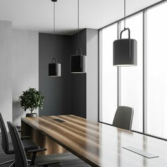 Sleek modern office conference room with a long wooden table and stylish black pendant lamps.