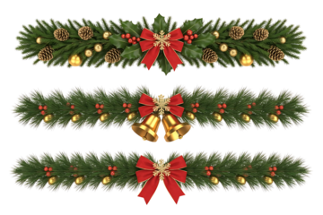 Three christmas garland borders isolated on transparent background with ornaments and bows