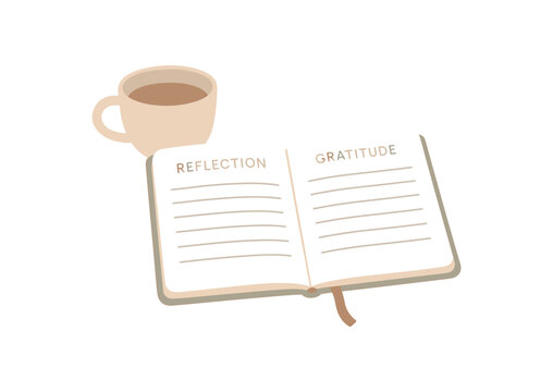 teacup beside open journal reflection and gratitude ritual no outline flat vector illustration style isolated on white background muted light tones