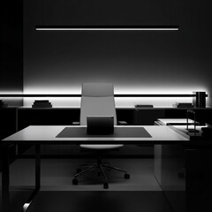 Sleek modern office interior with minimalist design and linear lighting.