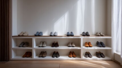 Fototapeta premium Stylish and Modern Shoe Display in Bright Room with Natural Light Highlighting Fashionable Footwear Arranged Neatly on Shelves