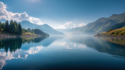 Serene Mountain Lake Reflection with Blue Sky, Clouds, and Green Forest Landscape for Travel and Nature