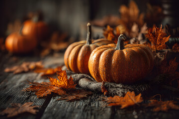 Halloween pumpkins and orange maple leaves on dark empty table for product display scene. November Black friday sale background. Thanksgiving holiday autumn decoration.