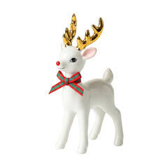 Festive reindeer figurine with golden antlers stands on transparent background