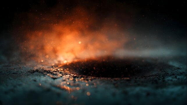 A dramatic and abstract scene featuring glowing orange and blue particles swirling in a dark misty atmosphere