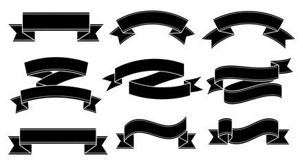Elegant black ribbon banner set for product promotion, website design, or graphic elements with clean, modern style