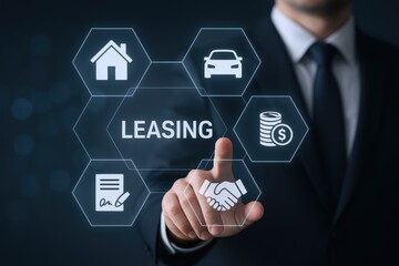 Leasing concept illustration: Business man pressing virtual icons depicting real estate, vehicle, and investment options for financial strategy