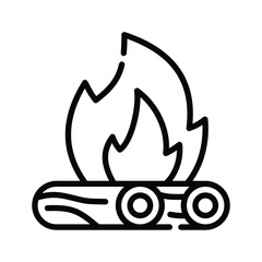 An outlined illustration of a campfire Flames rise above two logs each with a central circle and curved lines